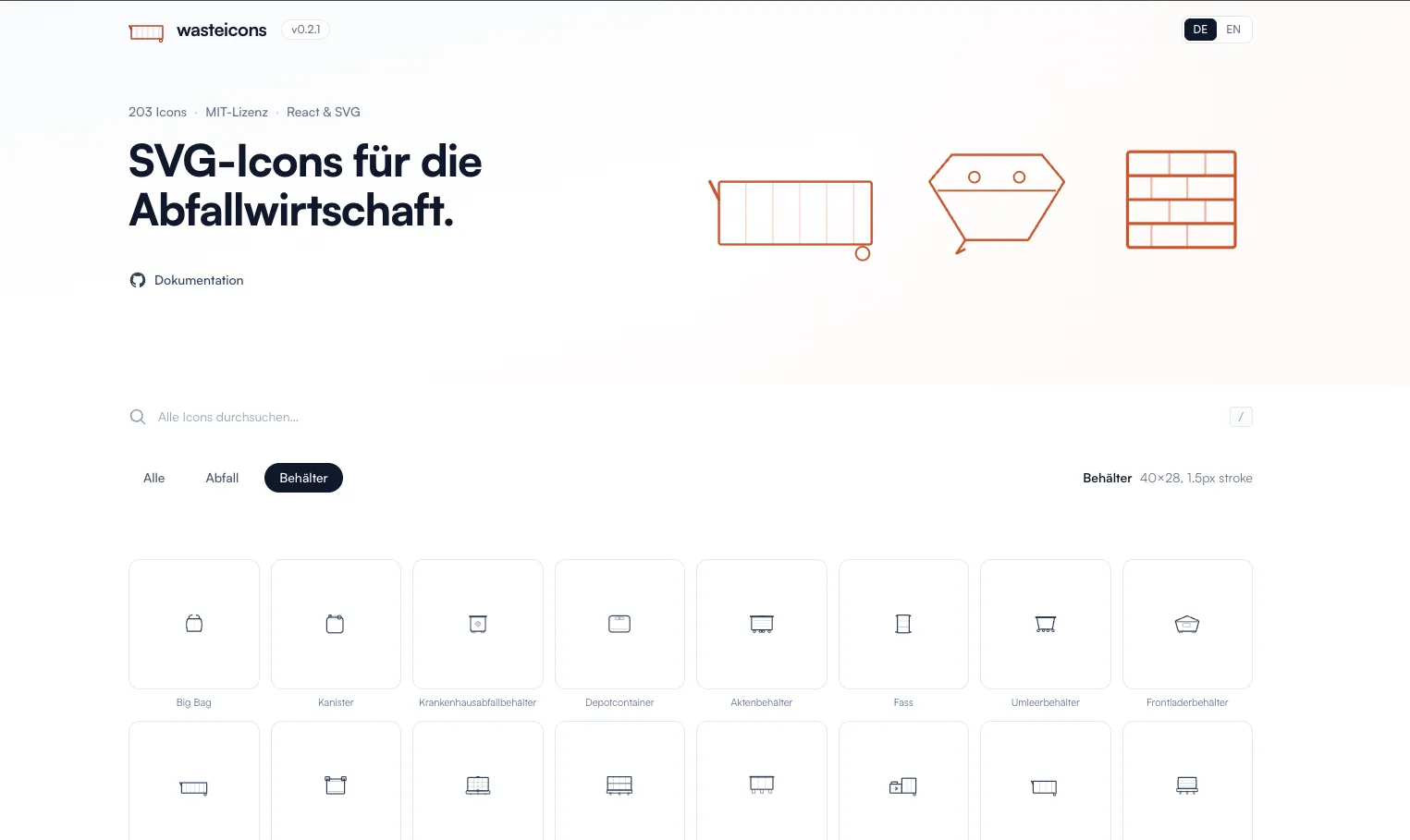 Waste Icons Startseite mit Behälter-Icons