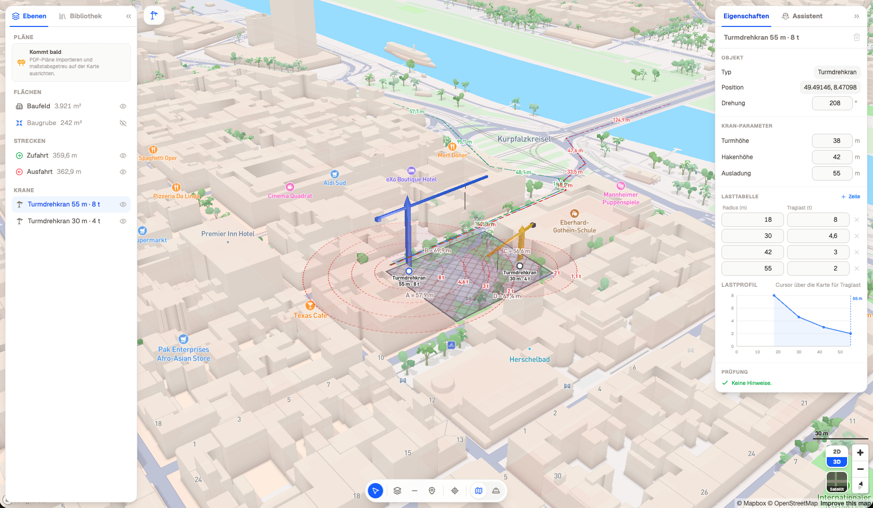 Baustelleneinrichtungsplan im Tool: 3D-Karte mit Baufeld, Kran und Lastradius